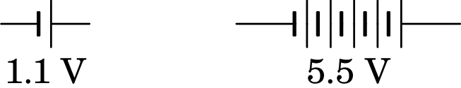 Diagrama de circuito de uma pilha e 5 pilhas ligadas em série.